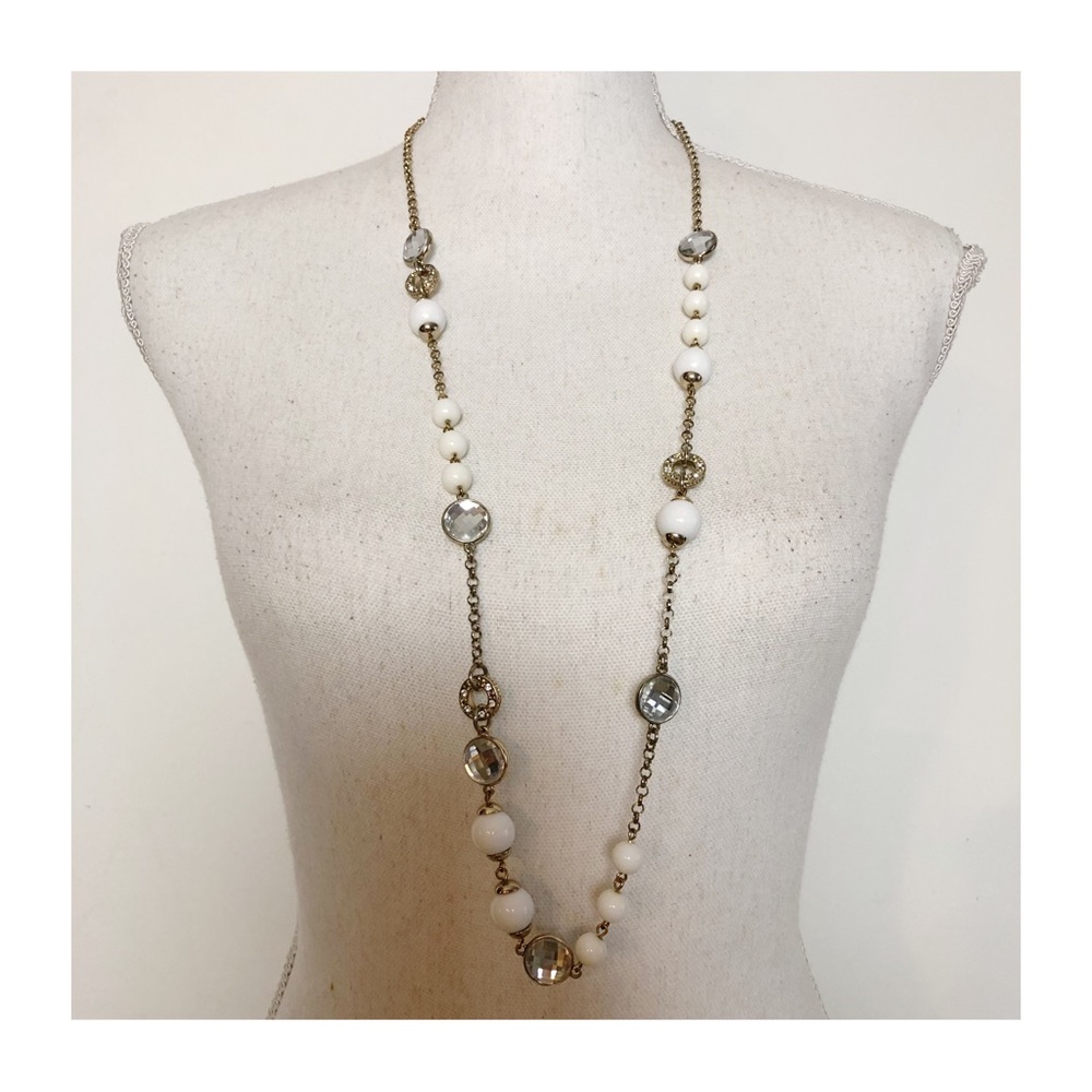 BANANA REPUBLIC Silver Tone Chain with White Beads & Clear Jewels Long Necklace